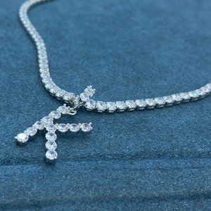 Diamond Tennis Link Necklace with "K" Pendant New!